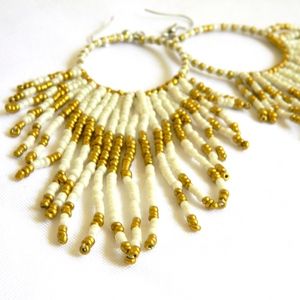 White & Gold Beaded Fringe Earrings